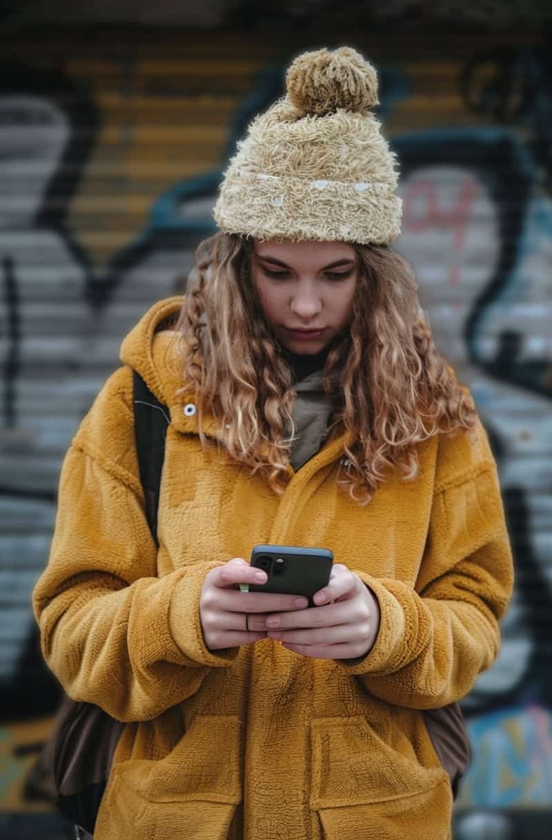 Girl standing outside looking at her phone